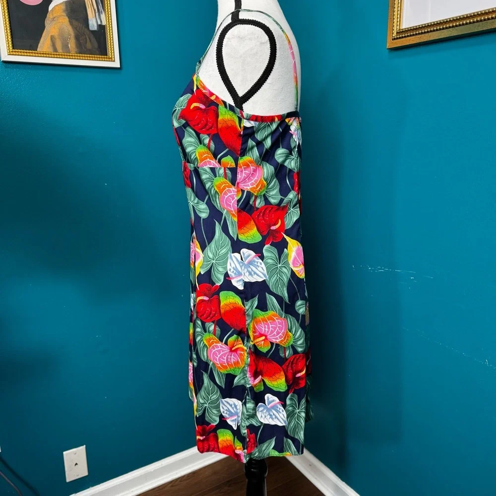 Vintage 90s Hawaiian Y.L.T.E Floral Spaghetti Strap Mini Dress Tropical Leaf - Picture 2 of 10